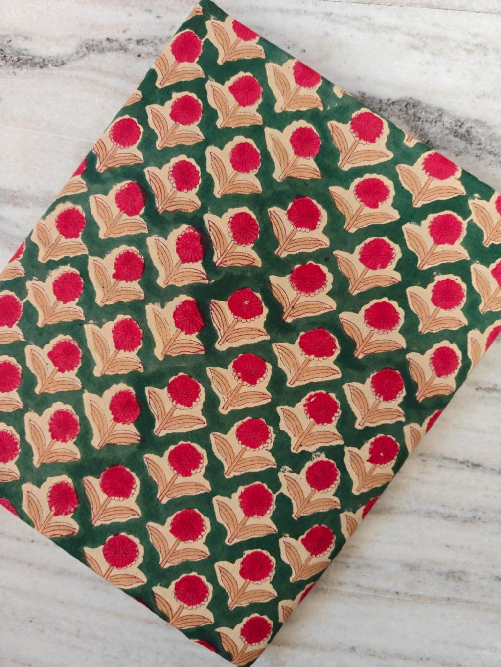 Green Floral Block Print Cotton Fabric, Red Flower Hand Printed Indian Cotton, Traditional Sanganeri Style Fabric for Sewing, Quilting