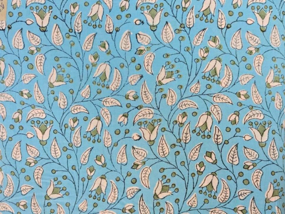 Sky Blue Floral Cotton Fabric by the Yard, Indian Hand Block Print Cotton, Delicate Vine Leaf Print Quilting Sewing Dressmaking Craft Fabric