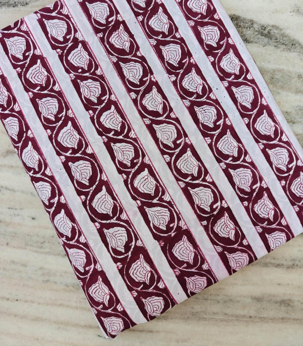 Hand Block Print Cotton Fabric, Burgundy Floral Stripe Fabric, Indian Cotton Textile, Maroon White Print, Soft Lightweight Fabric by Yard