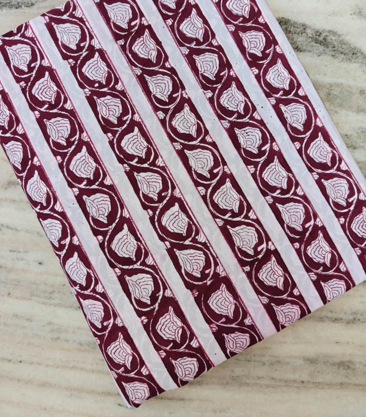 Hand Block Print Cotton Fabric, Burgundy Floral Stripe Fabric, Indian Cotton Textile, Maroon White Print, Soft Lightweight Fabric by Yard