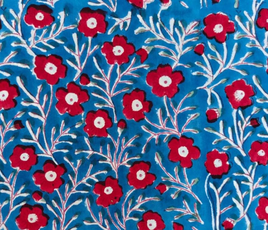 Blue Floral Cotton Fabric, Hand Block Print Fabric, Red Flower Cotton Cloth, Indian Cotton Dressmaking Fabric, Quilting Fabric by Yard