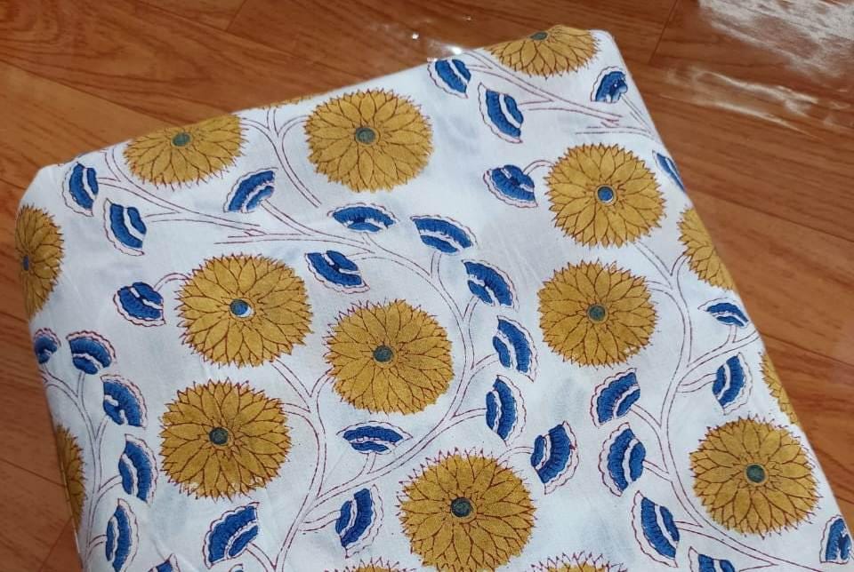 Hand Block Print Cotton Fabric: Floral Sewing Material By The Yard