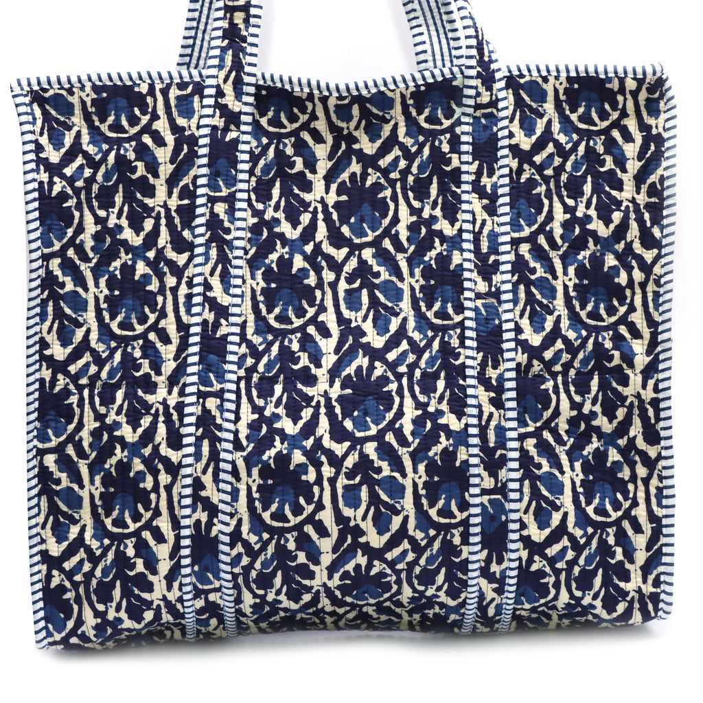 Indigo Block Print Tote Bag, Blue Floral Quilted Tote, Boho Cotton Shopper Bag, Reusable Market Bag, Large Everyday Tote, Gift for Her