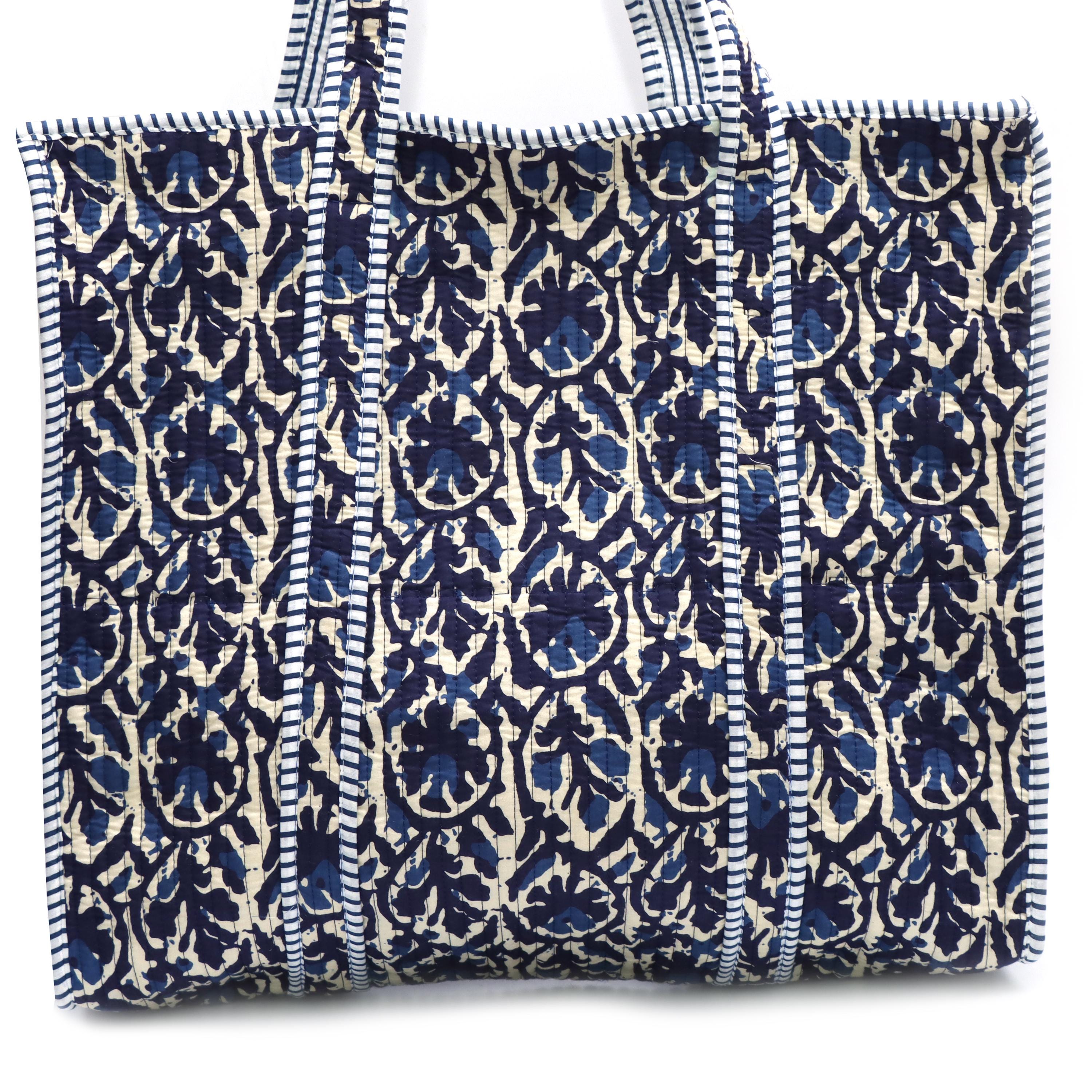 Indigo Block Print Tote Bag, Blue Floral Quilted Tote, Boho Cotton Shopper Bag, Reusable Market Bag, Large Everyday Tote, Gift for Her