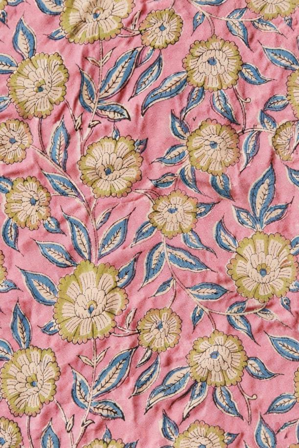 Pink Floral Cotton Fabric, Hand Block Print Fabric by Yard, Indian Flower Print Cotton Cloth for Sewing, Quilting, Dressmaking, Napkins