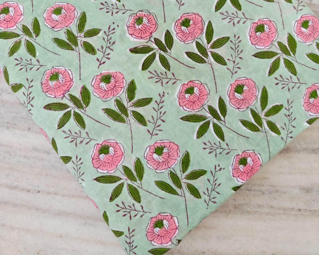 Beautiful Red Green Indian Hand Block Print Fabric, Floral 100% Cotton Quilting Fabric By The Yard, Chakra Design Fabric Dress Making