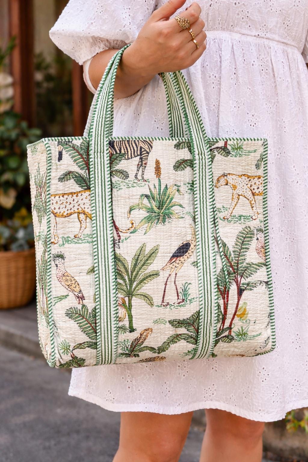 Jungle Print Quilted Tote Bag, Handmade Cotton Block Print Shoulder Bag, Large Fabric Shopper, Reusable Market Bag, Safari Animal Tote