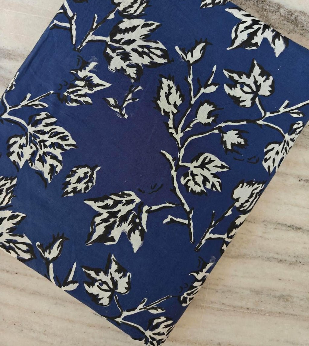 Navy Blue & White Floral Cotton Fabric, Hand Block Print Indigo Blue Leaf Printed Cotton, Indian Dressmaking Quilting Fabric by the Yard