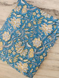 Blue Floral Vine Cotton Fabric, Indian Block Print Cotton Fabric, Yellow Floral Fabric by Yard, Boho Dressmaking Fabric, Quilting Fabric