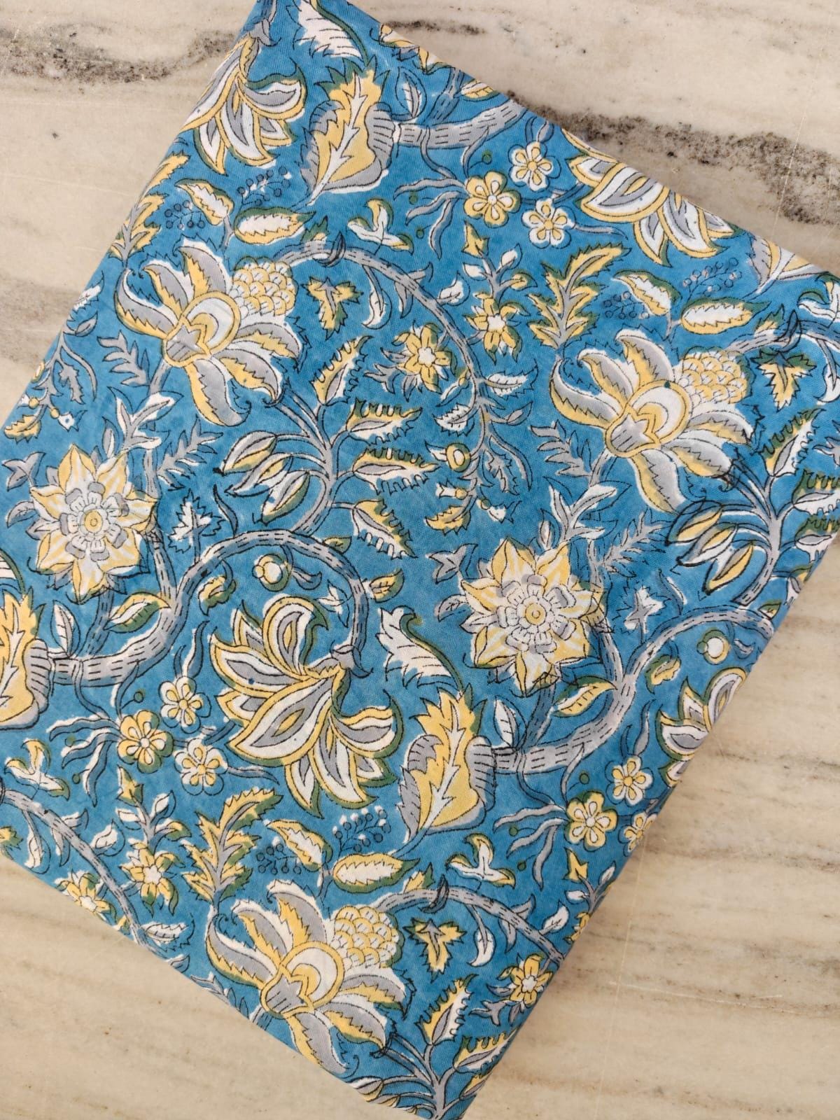 Blue Floral Vine Cotton Fabric, Indian Block Print Cotton Fabric, Yellow Floral Fabric by Yard, Boho Dressmaking Fabric, Quilting Fabric