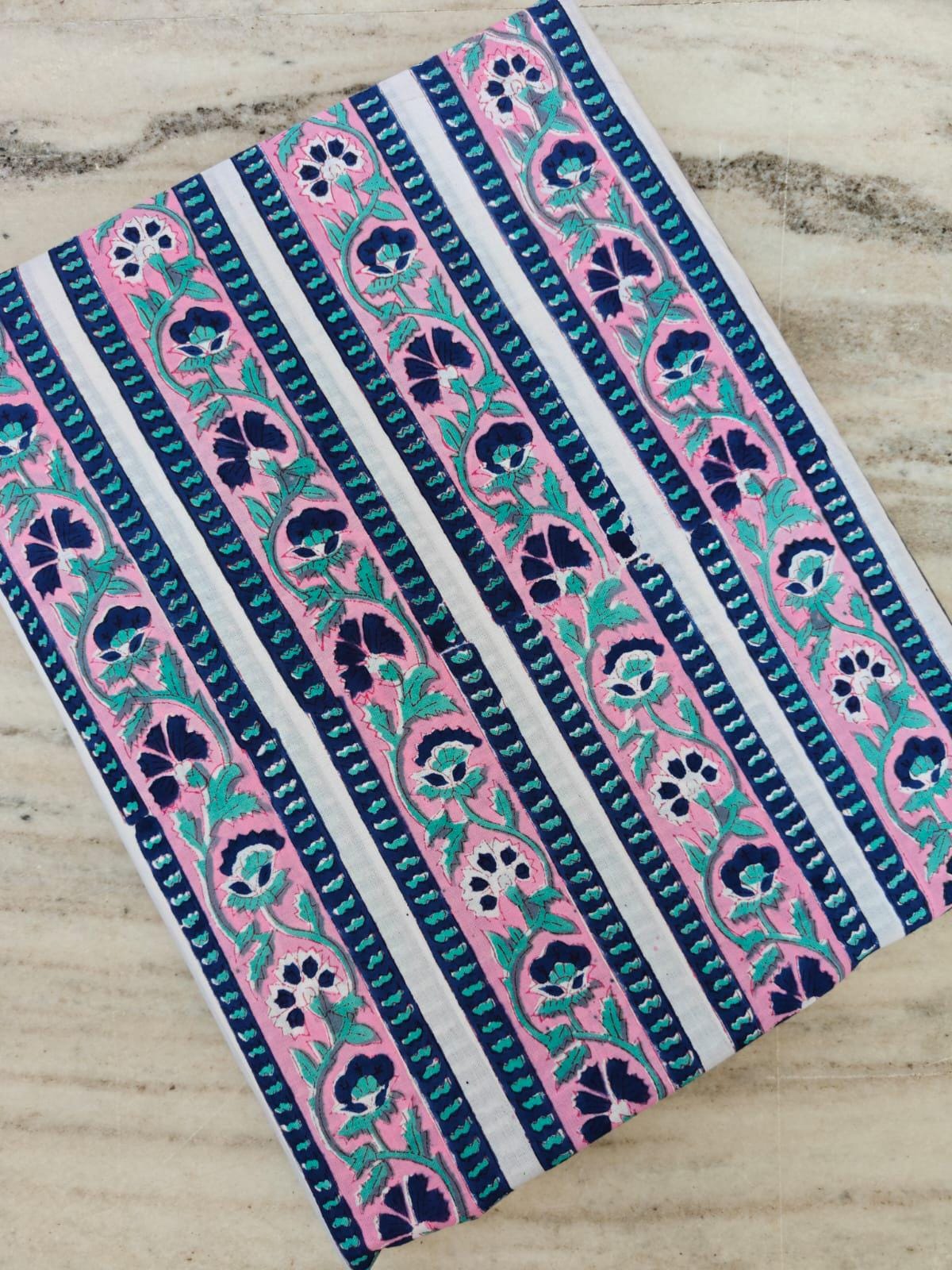 Pink Striped Floral Cotton Fabric, Indian Block Print Fabric by Yard, Boho Stripe Flower Fabric, Quilting Sewing Craft Dressmaking Fabric