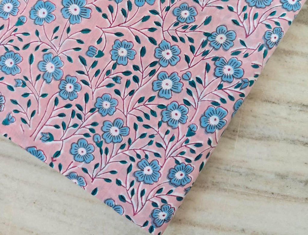 Pink Blue Designer Hand Block Print Fabric, Floral 100% Cotton Quilting Fabric By The Yard, Fabric For Dress Making, Loose Running Fabric
