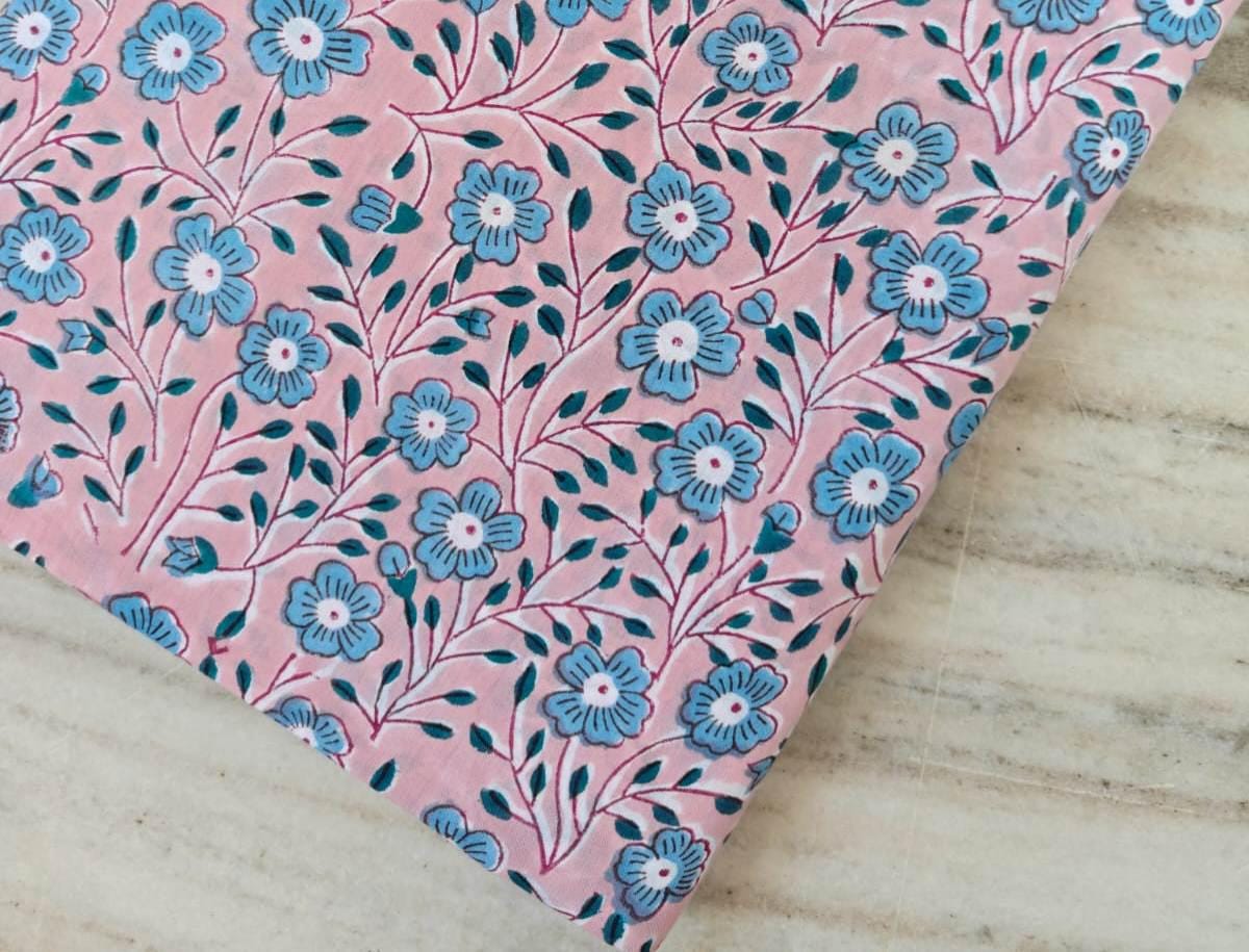 Pink Blue Designer Hand Block Print Fabric, Floral 100% Cotton Quilting Fabric By The Yard, Fabric For Dress Making, Loose Running Fabric