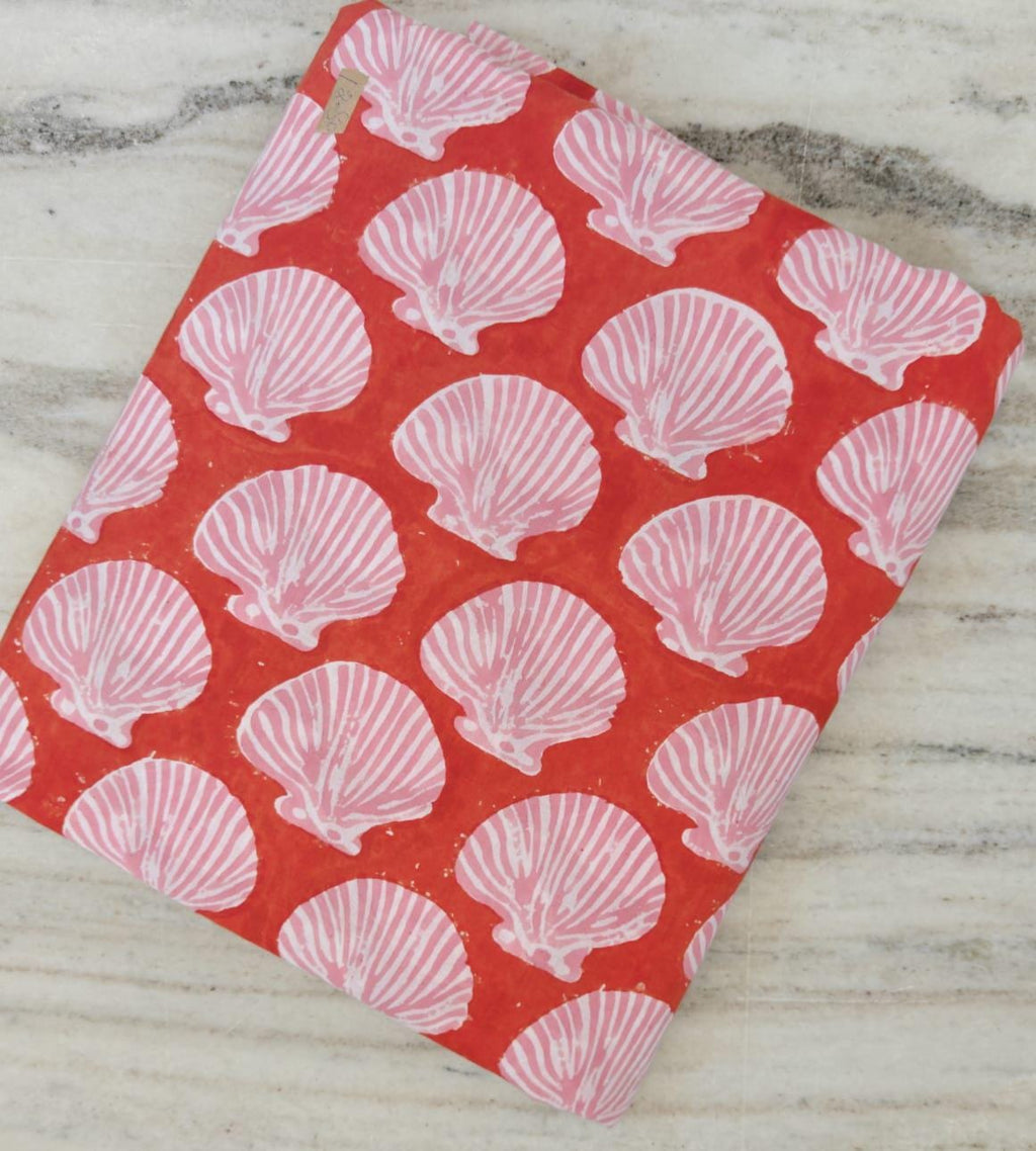 Coral Pink Seashell Block Print Cotton Fabric, Coastal Nautical Shell Fabric, Beach Theme Indian Cotton Fabric, Sewing Craft Fabric by Yard