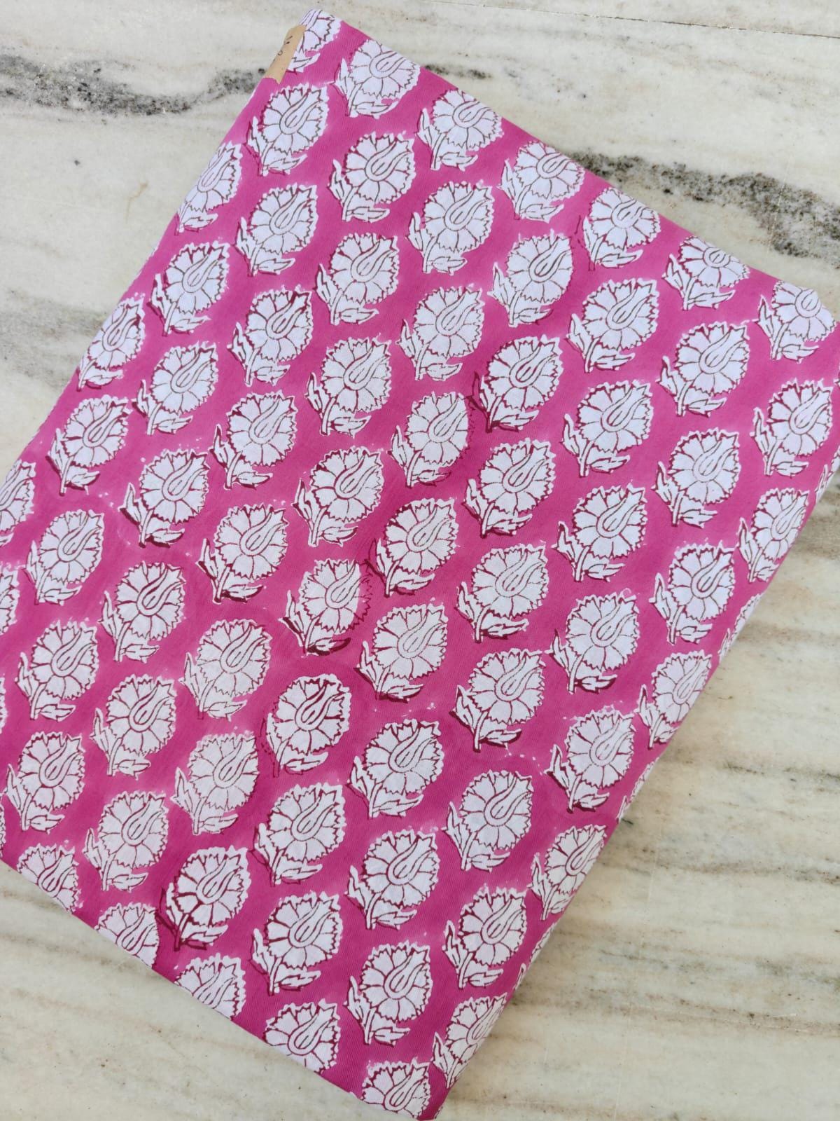 Hot Pink Hand Block Print Cotton Fabric White Floral Indian Textile, Bulk Fabric Supply Dressmaking Quilting Craft Upholstery Fabric by Yard