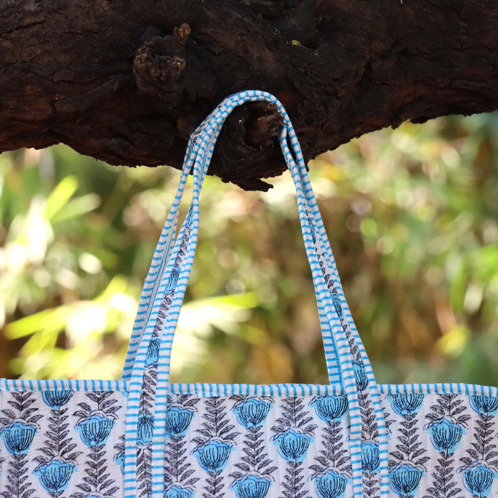 Blue Floral Hand Block Print Cotton Tote Bag, Reusable Boho Shoulder Bag