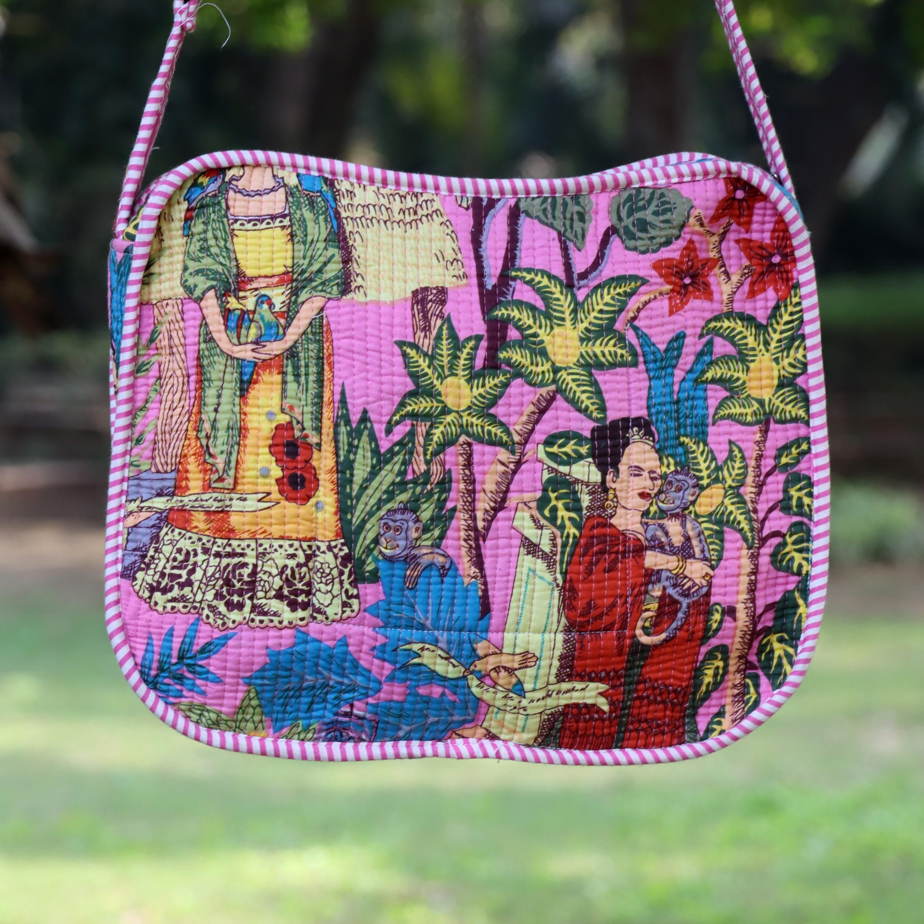 Handmade Quilted Crossbody Bag, Pink Cotton Sling Purse, Folk Art Print Shoulder Bag, Lightweight Boho Everyday Bag, Adjustable Strap