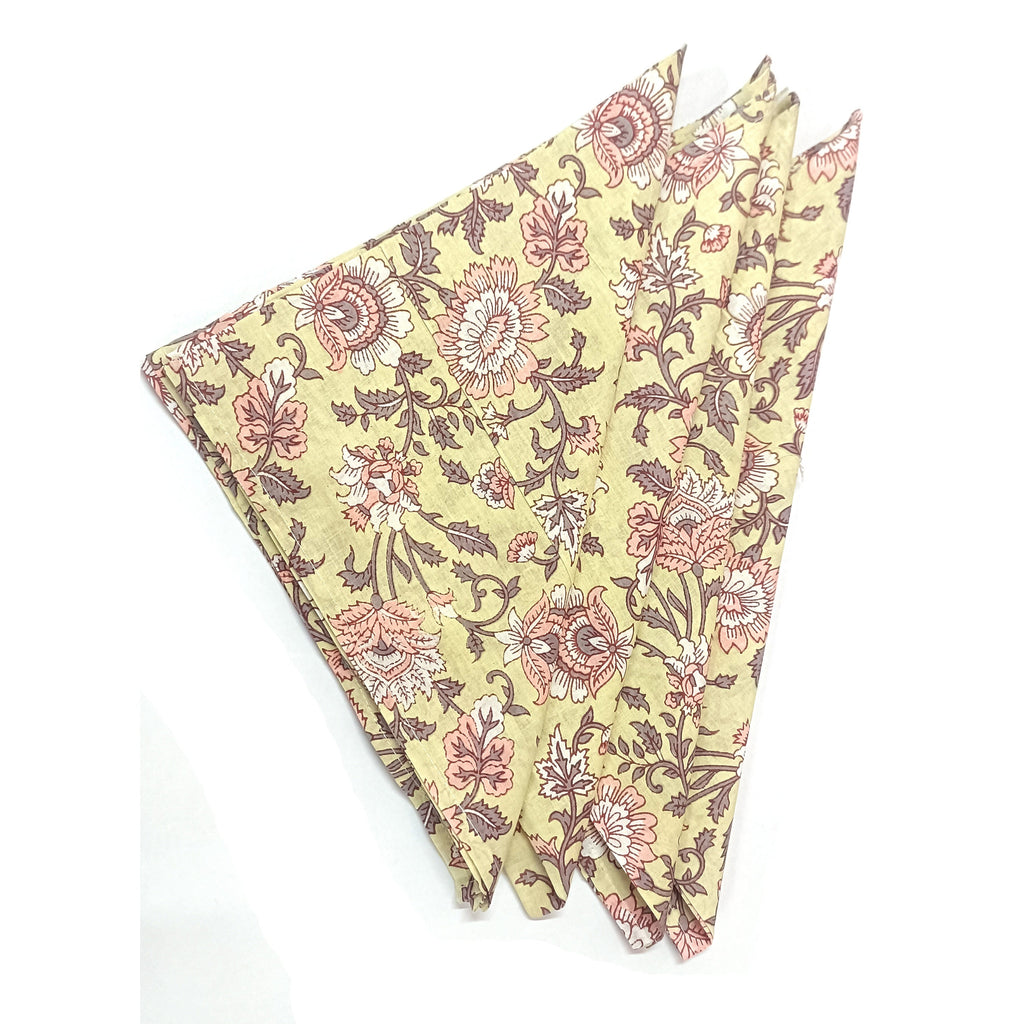 Hand Printed Cotton Dinner Napkins: Floral Block Print, Set of 4