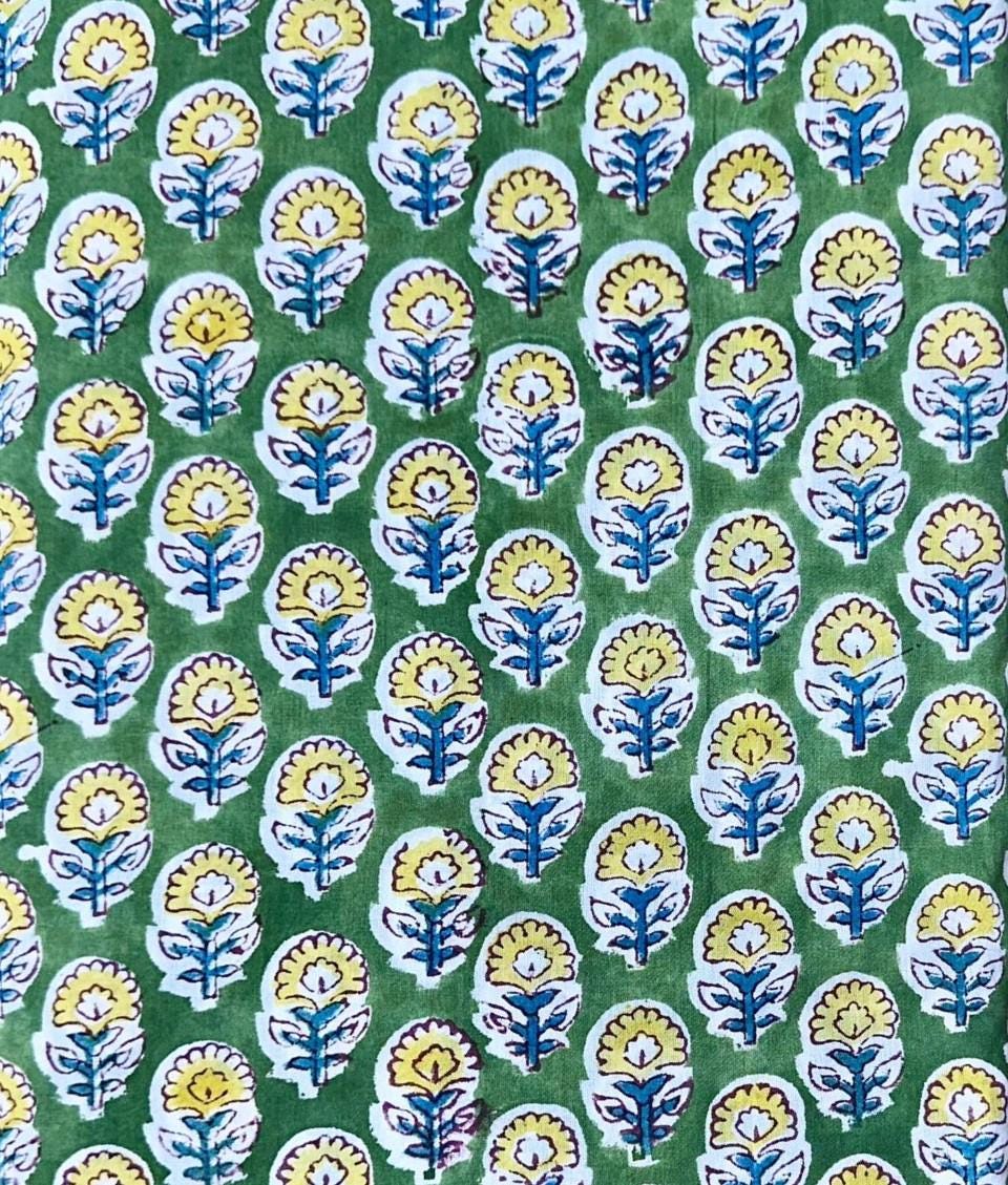 Green Floral Block Print Cotton Fabric, Indian Hand Printed Fabric by Yard, Boho Flower Pattern for Sewing Quilting, Running Cotton Fabrics