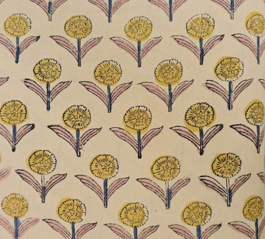 Block Print Cotton Fabric, Yellow Flower Motif on Beige, Handmade Indian Fabric for Sewing & Quilting, Fabric By The Yard, Running Fabric