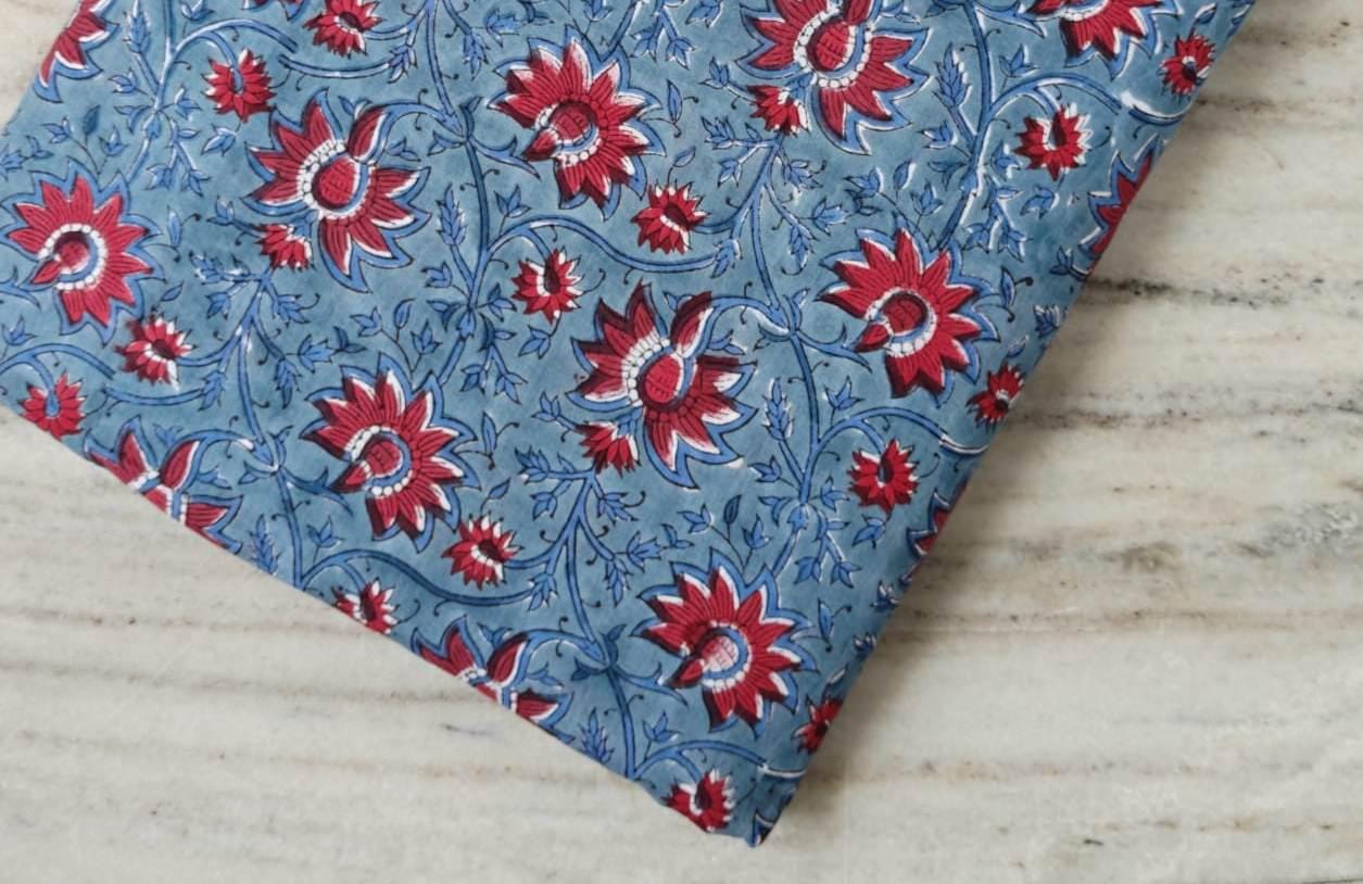 Red Floral Cotton Fabric, Blue Hand Block Print Fabric by the Yard, Indian Soft Cotton for Quilting, Sewing, Dressmaking, Home Decor