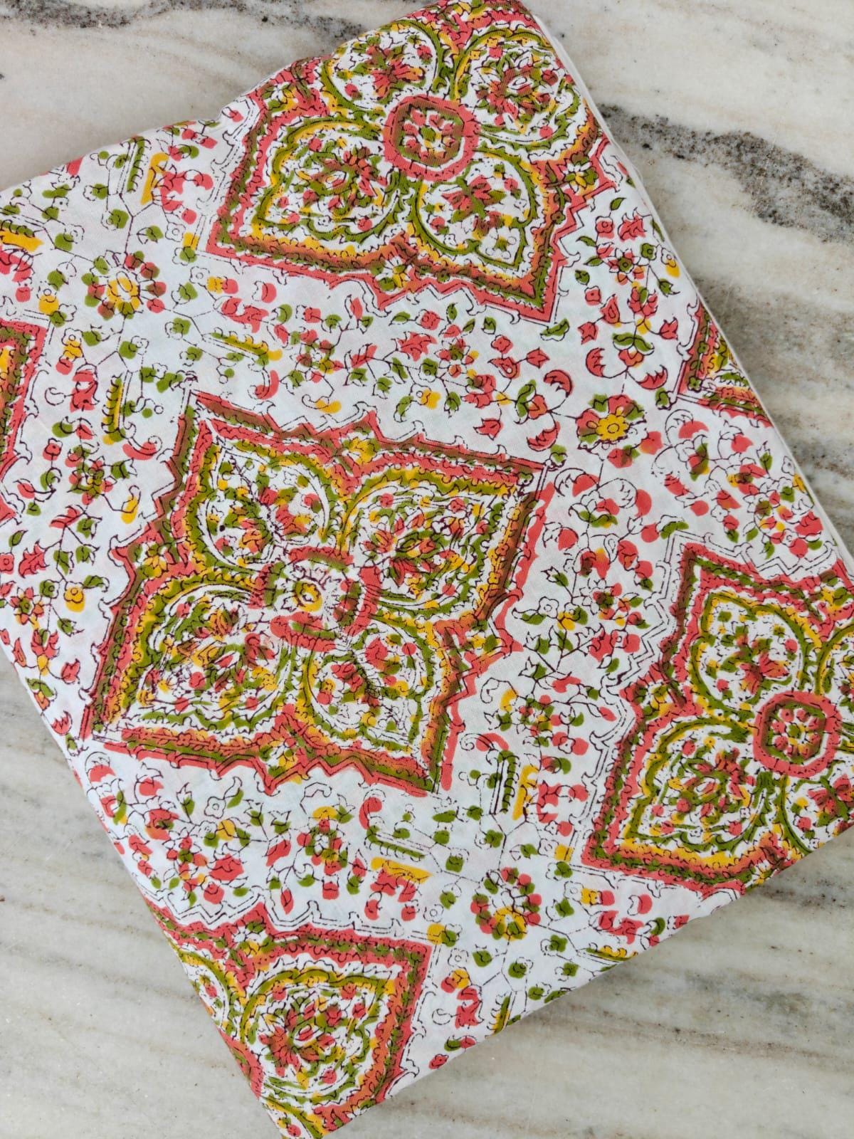 Floral Block Print Cotton Fabric, Indian Hand Block Print Fabric, Pink Green Yellow Cotton Cloth, Quilting Sewing Fabric, Craft By The Yard