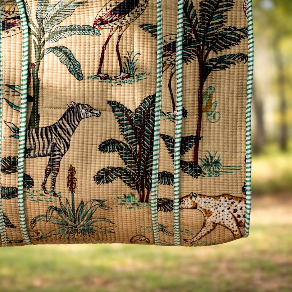 Jungle Print Quilted Tote Bag, Handmade Cotton Beach Bag, Safari Animal Shoulder Bag, Block Print Market Tote, Tropical Travel Bag