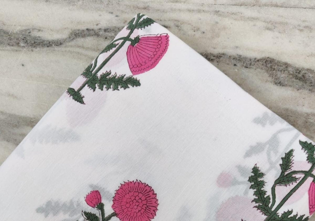 Hand Block Printed Cotton Fabric, White Floral Fabric, Pink Thistle Print Cotton, Soft Lightweight Fabric by Yard, Indian Handmade Textile
