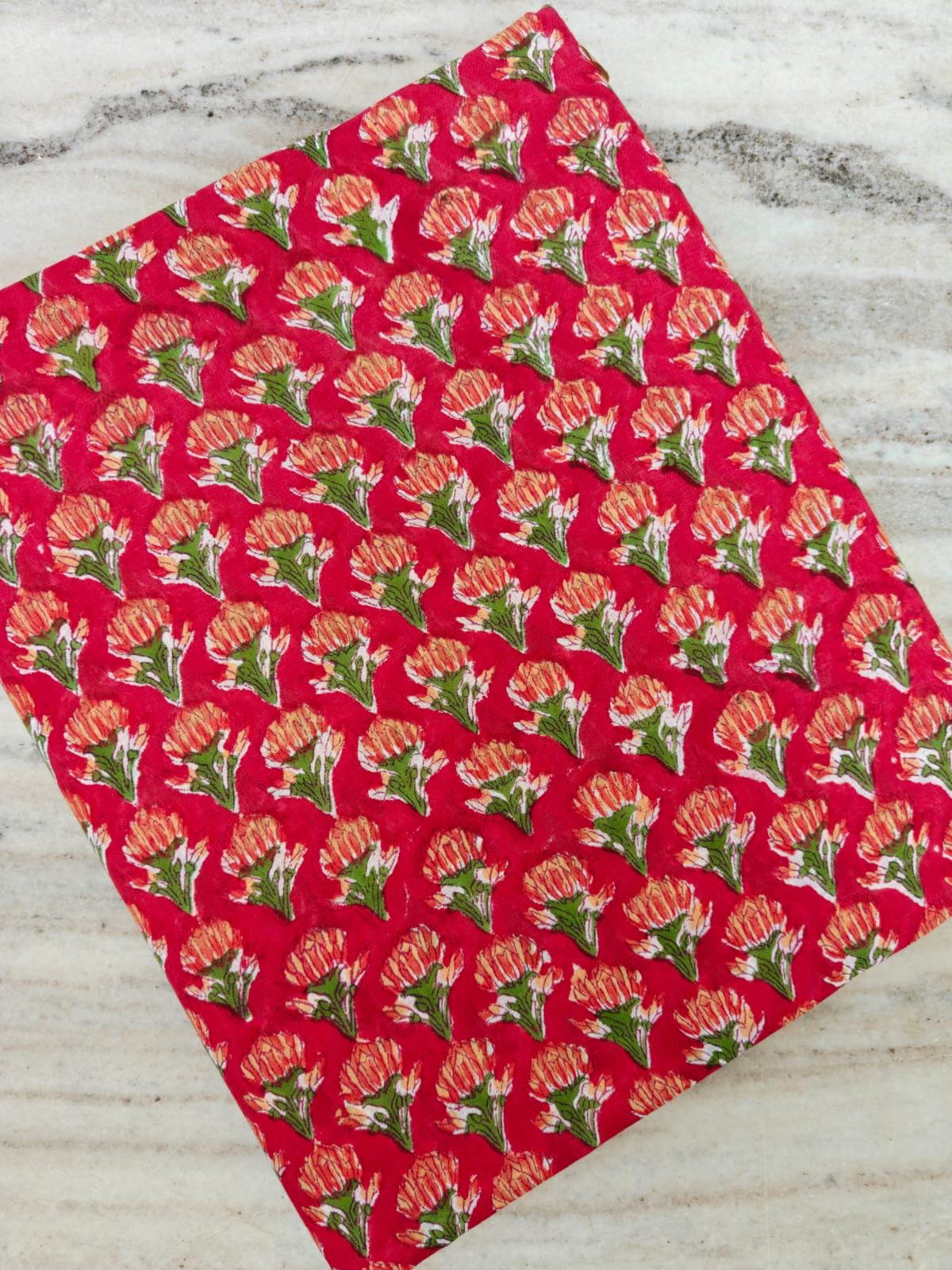 Red Floral Cotton Fabric, Small Buti Block Print Cotton, Indian Hand Printed Fabric, Lightweight Soft Cotton for Sewing, Quilting & Crafts