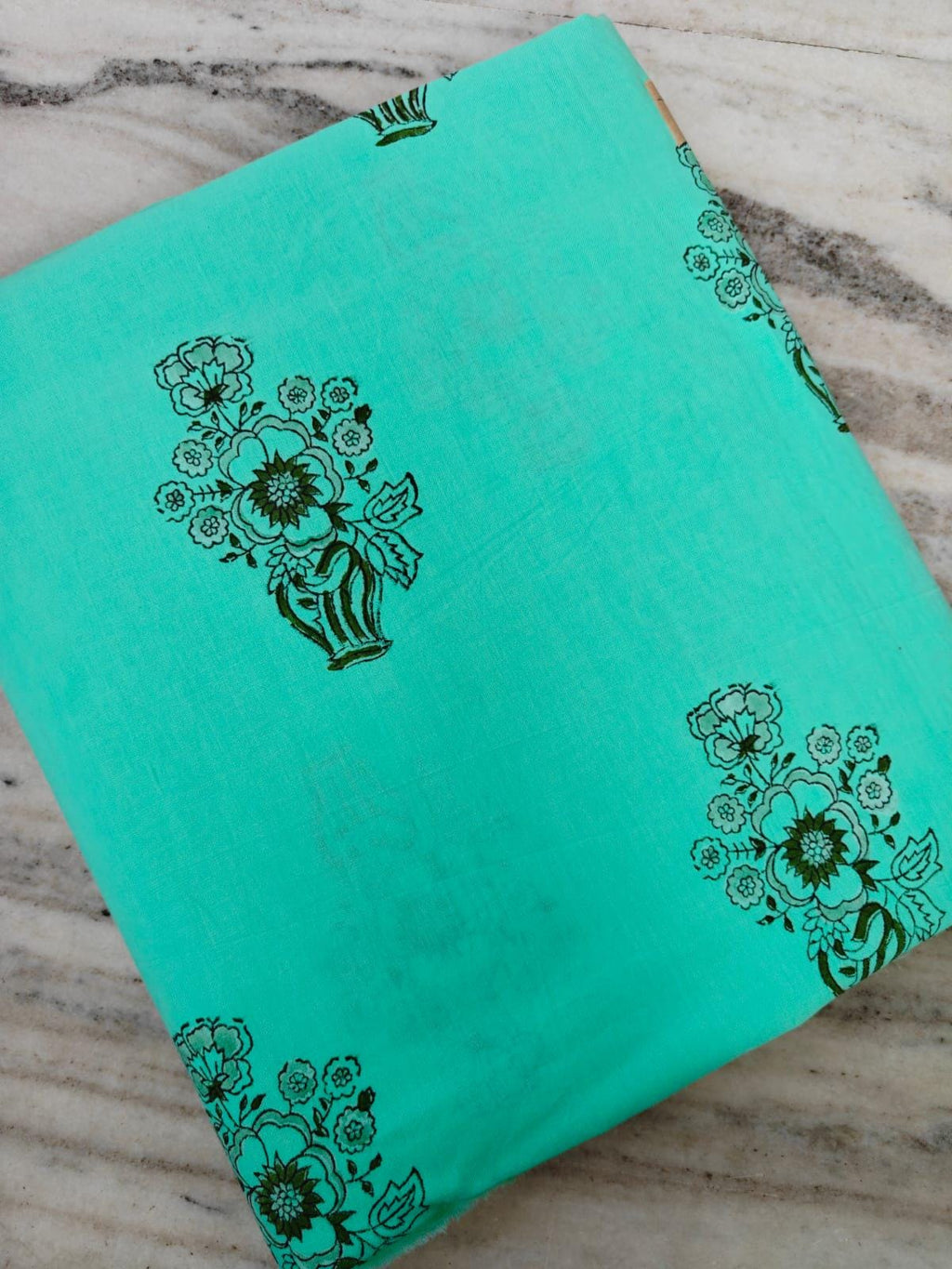 Hand Block Printed Cotton Fabric, Turquoise Floral Bouquet Print, Indian Cotton Fabric, Soft Lightweight Fabric for Dressmaking Quilting