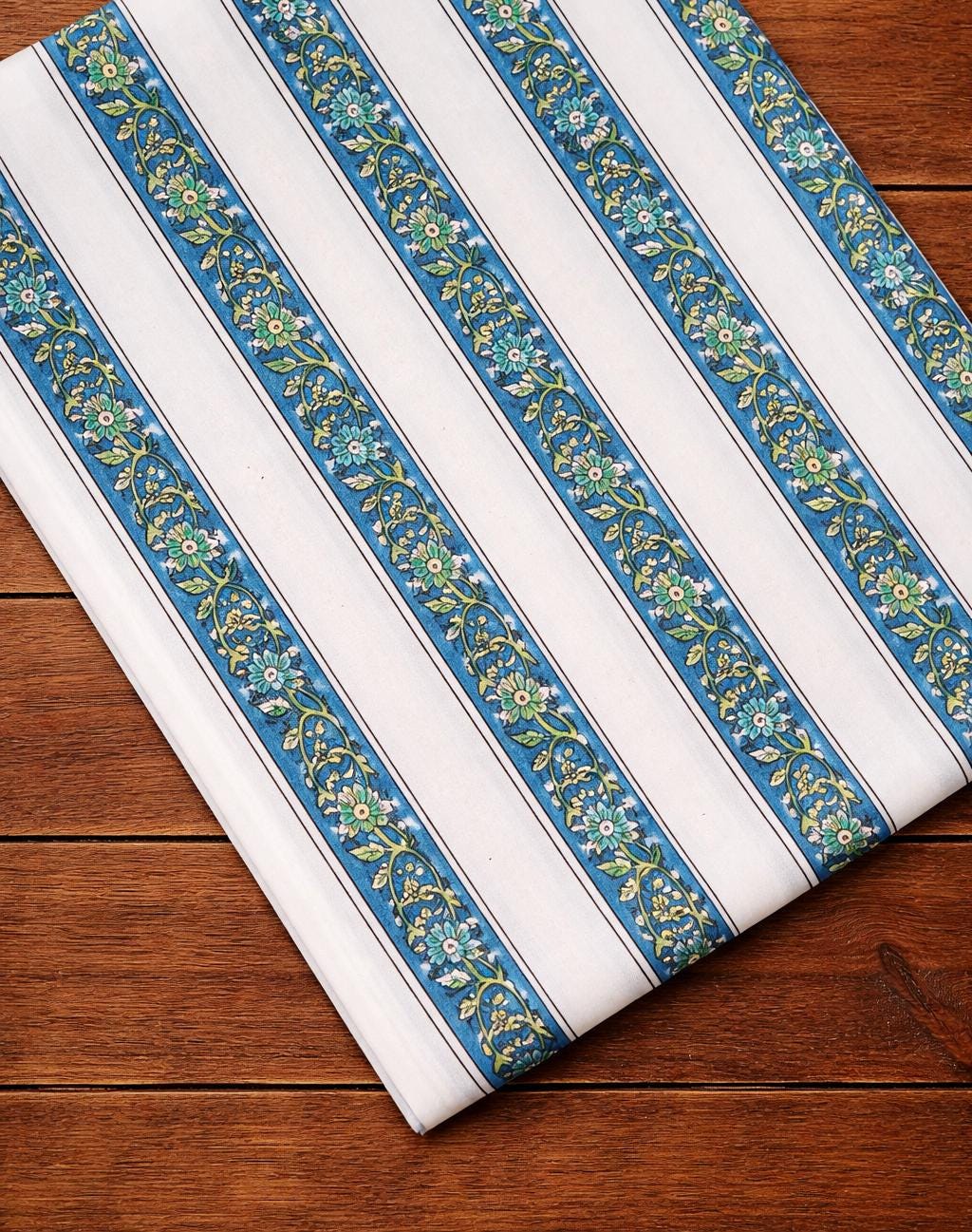 White Striped Floral Cotton Fabric | Blue Green Hand Block Print Cotton | Indian Stripe Fabric for Sewing, Quilting, Dressmaking | Fabrics