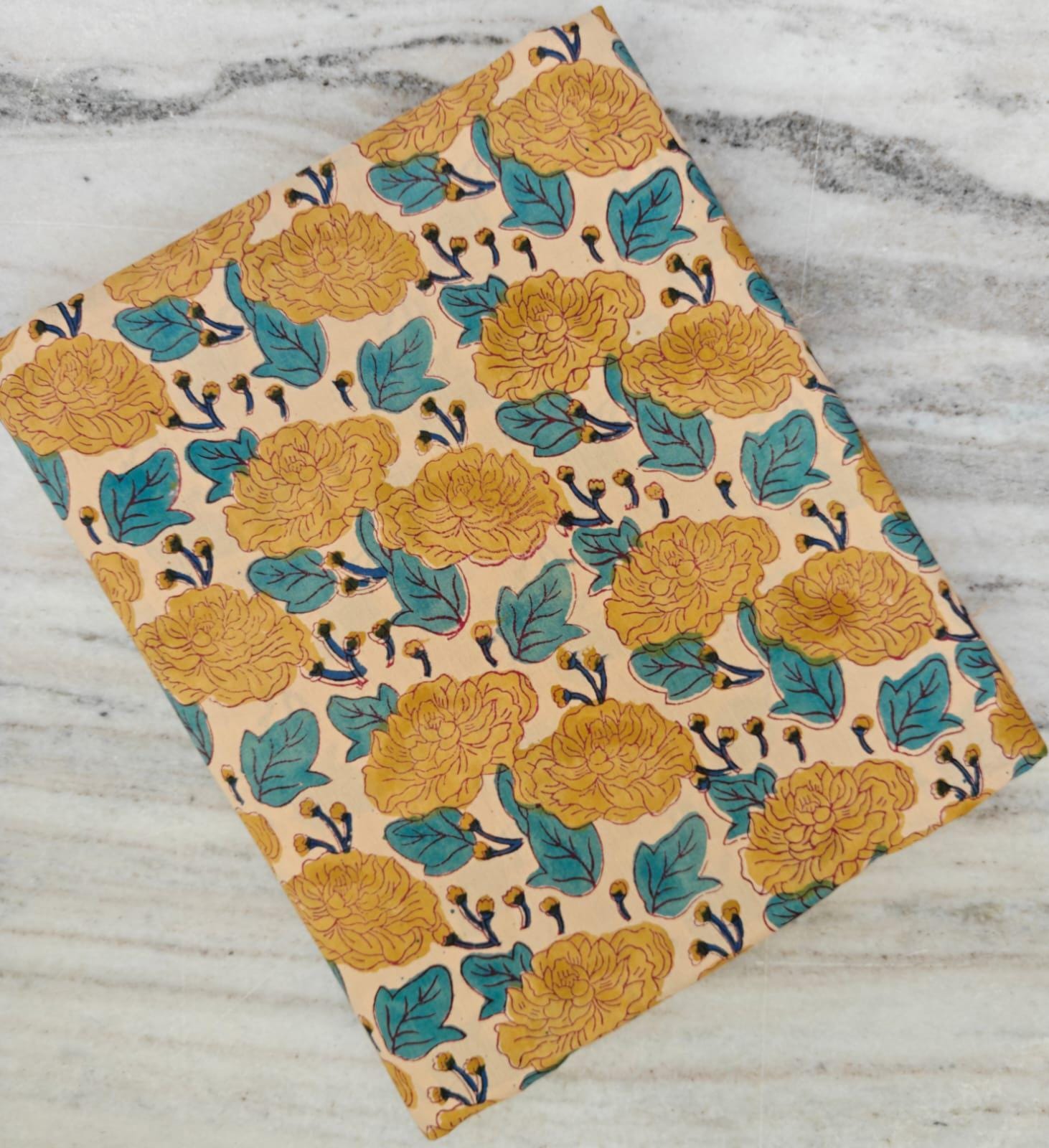 Yellow Floral Cotton Fabric, Hand Block Print Fabric, Indian Cotton Textile, Mustard Flower Fabric, Teal Leaf Botanical Quilting Fabric
