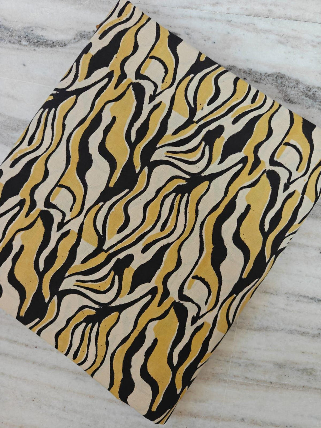 Mustard and Black Abstract Wavy Print Cotton Fabric, Indian Hand Block Print Fabric, 100% Cotton Quilting Fabric By The Yard, Napkins Fabric