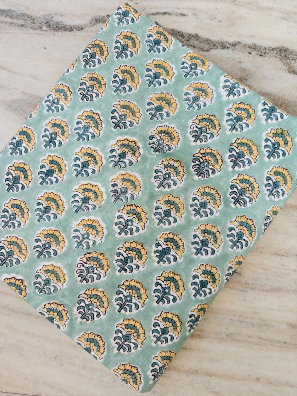 Mint Green Floral Cotton Fabric by the Yard, Hand Block Print Indian Fabric, Soft Cotton Material for Quilting, Sewing, Dressmaking Fabric