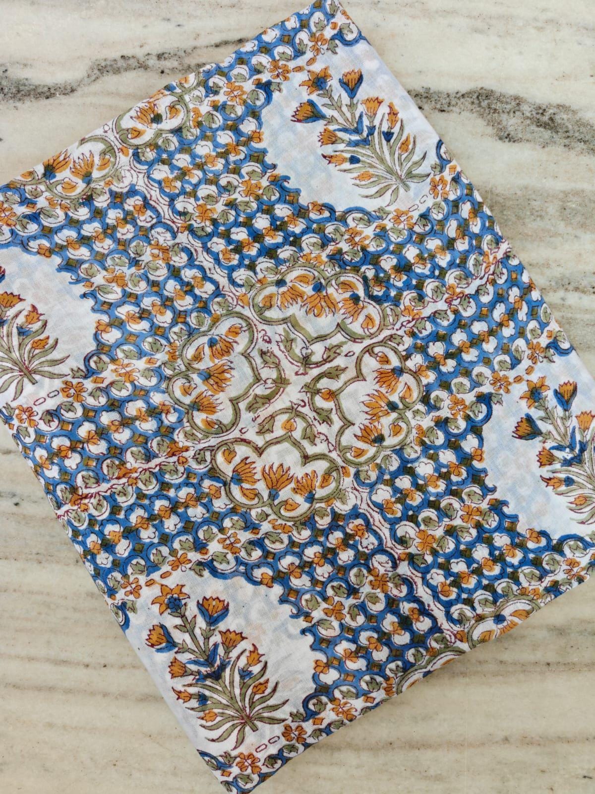 Sky Blue Floral Medallion Cotton Fabric, Hand Block Print Style Textile, Boho Cloth, Soft Lightweight Sewing Fabric, Dress Making Fabric
