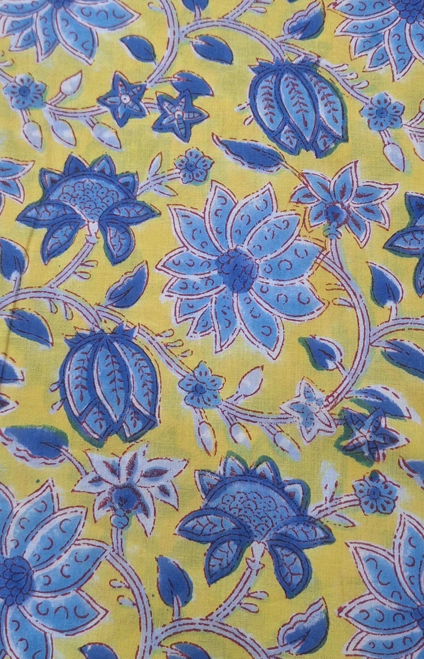 Yellow Blue Floral Cotton Fabric, Hand Block Print Indian Fabric, Soft Lightweight Cotton Cloth for Dressmaking, Quilting, Sewing Crafts