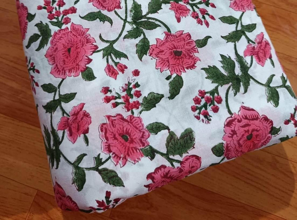 Pink Color Indian Hand Block Print Fabric, Floral 100% Cotton Quilting Fabric By The Yard, Fabric For Dress Making, Loose Running Fabric