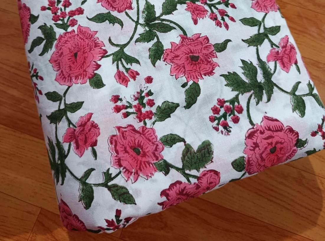 Pink Color Indian Hand Block Print Fabric, Floral 100% Cotton Quilting Fabric By The Yard, Fabric For Dress Making, Loose Running Fabric