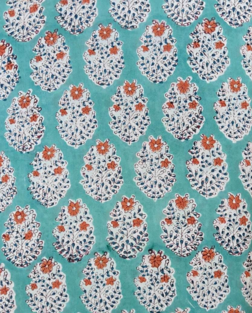 Hand Block Print Cotton Fabric, Turquoise Floral Indian Fabric, Boho Craft Textile, Soft Lightweight Cotton Yardage for Sewing, Quilting
