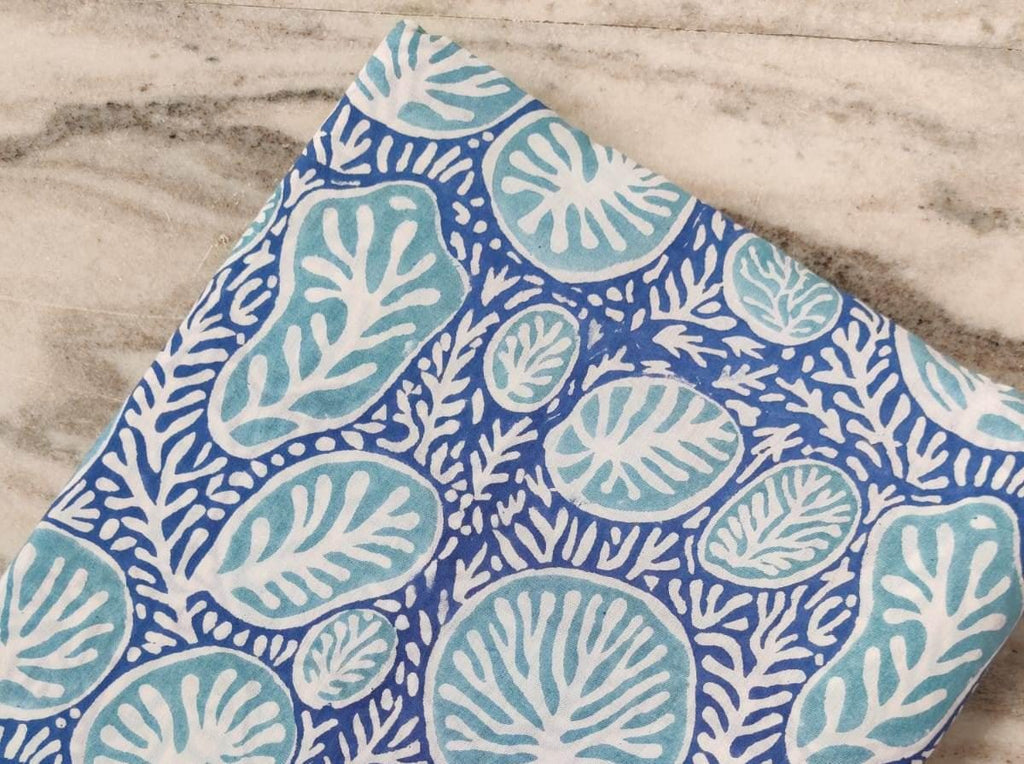 Blue Aqua Coral Print Cotton Fabric by the Yard, Ocean Sea Life Pattern, Soft Indian Cotton for Quilting, Dressmaking, Loose Running Fabric