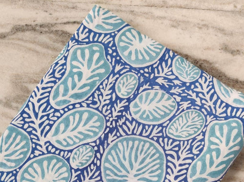 Blue Aqua Coral Print Cotton Fabric by the Yard, Ocean Sea Life Pattern, Soft Indian Cotton for Quilting, Dressmaking, Loose Running Fabric