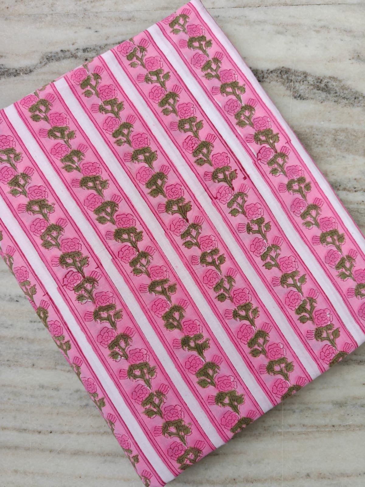Pink Floral Cotton Fabric, Pink Hand Block Print By The Yard, Indian Soft Cotton Fabric for Loose Running, Dress Making, Textile Fabric