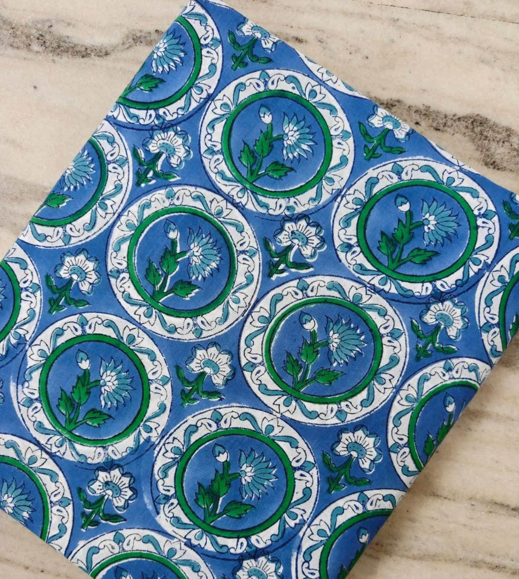Hand Block Printed Cotton Fabric in Blue & Green Floral Design, Indian Cotton Fabric for Quilting, Dressmaking, Home Decor, Bohemian Textile