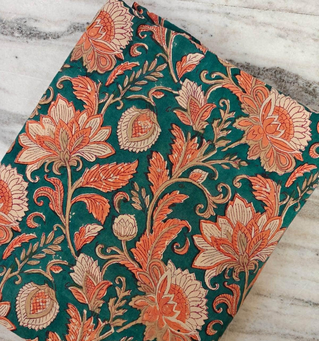 Teal Green Floral Cotton Fabric by the Yard, Orange Lotus Block Print, Indian Handmade Botanical Textile, Loose Running Fabric, Napkins