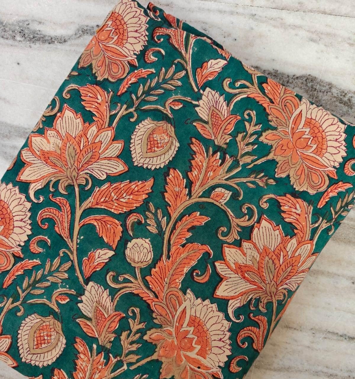 Teal Green Floral Cotton Fabric by the Yard, Orange Lotus Block Print, Indian Handmade Botanical Textile, Loose Running Fabric, Napkins