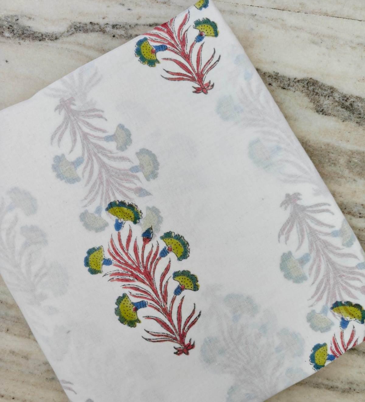 Hand Block Print Cotton Fabric, White Floral Indian Fabric, Soft Lightweight Cotton, Boho Dressmaking Fabric, Quilting Craft Textile Napkins