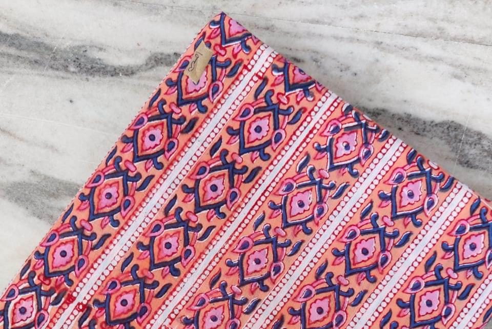 Pink Orange Striped Cotton Fabric, Hand Block Print Geometric Floral Fabric by the Yard,  Quilting, Sewing & Dressmaking, Napkins Fabric
