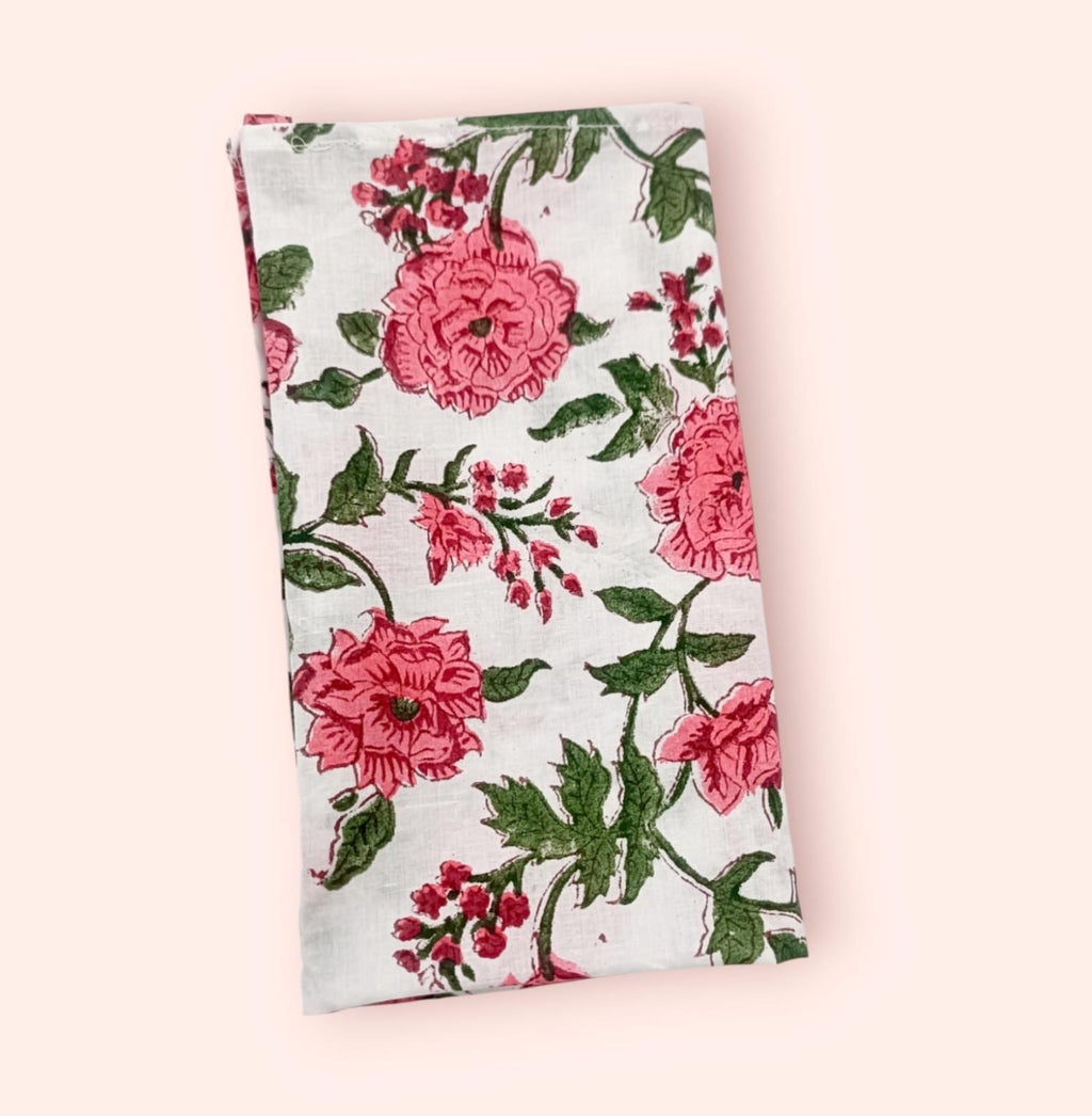 pink rose cotton dinner napkin, cloth napkins, hand printed napkins. personalized gifts, wedding napkins, flower napkin, cocktail napkins