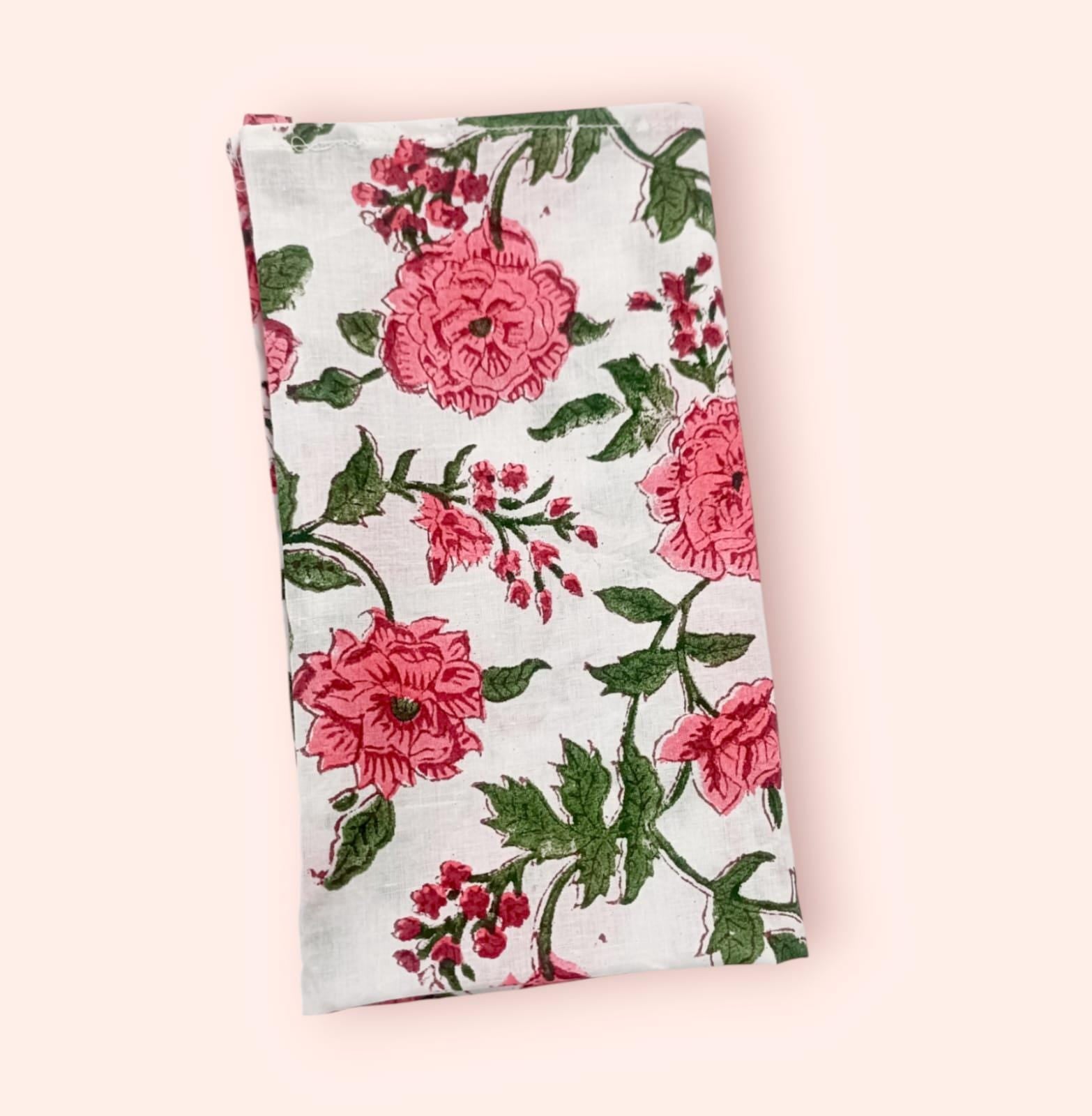 pink rose cotton dinner napkin, cloth napkins, hand printed napkins. personalized gifts, wedding napkins, flower napkin, cocktail napkins