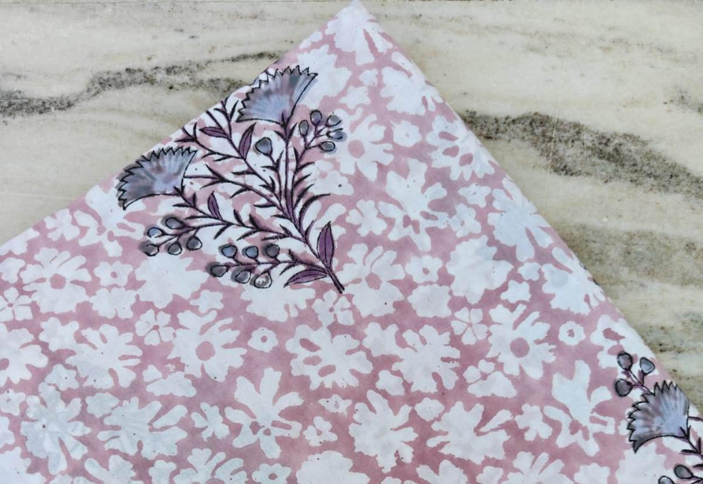Pink Cotton Fabric with Green Floral Print, Handmade Indian Block Print Fabric by the Yard, Soft Cotton for Quilting, Sewing, Dressmaking
